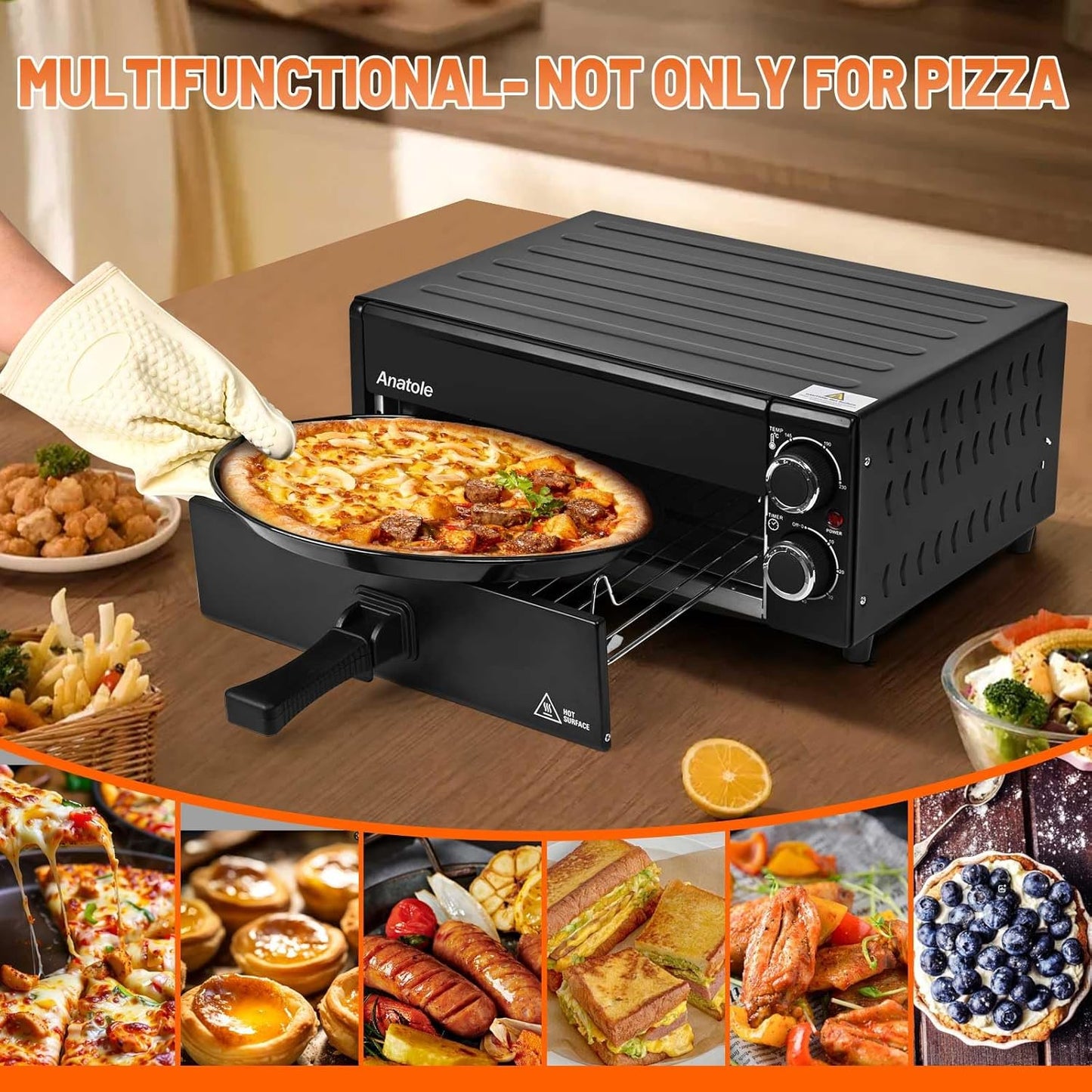 Anatole Elektrische pizzaoven, 30,5 cm (12 inch), 1800 W, interne pizzaoven met instelbare temperatuur, multifunctioneel, met rooster voor kruimels, uitneembaar