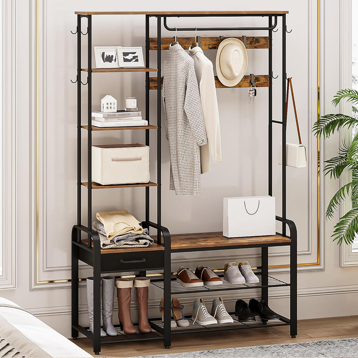 Hzuaneri Hall Tree, Coat Rack with 3-Tier Storage Bench and 1 Drawer, 5-in-1 Hallway Bench with 17 Hooks, 1 Hanging Bar, 4-Tier Side Shelves, Rustic Brown HT03501B