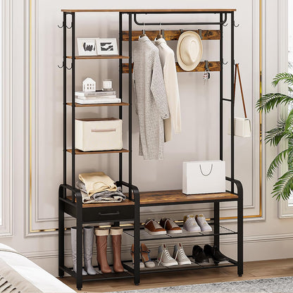 Hzuaneri Hall Tree, Coat Rack with 3-Tier Storage Bench and 1 Drawer, 5-in-1 Hallway Bench with 17 Hooks, 1 Hanging Bar, 4-Tier Side Shelves, Rustic Brown HT03501B