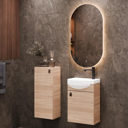 Planetmöbel Bathroom Furniture Set, Sink with Base Cabinet 40 x 60 x 29 cm, Mirror with Lighting 50 x 90 cm and Midi Cabinet for Bathroom, Guest Toilet and Bathroom, Sonoma Oak - QUORE