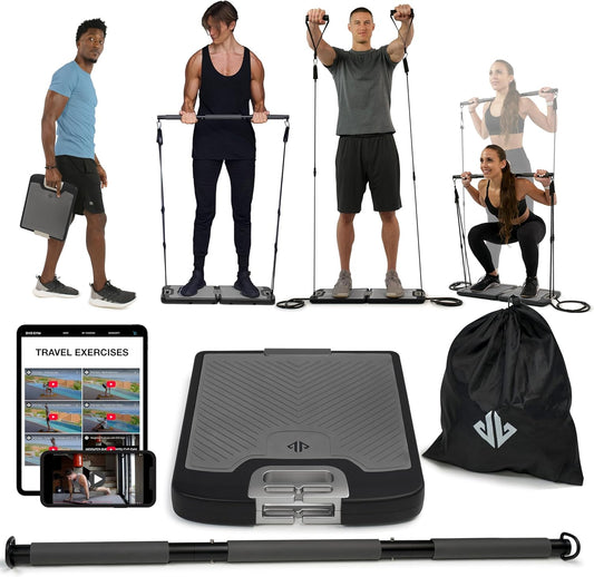 EVO Gym - Draagbare krachttrainingsapparatuur voor thuissportschool, fitnessapparatuur voor thuis | All in One Gym - Weerstandsbanden, basis voor fitnessbar en handgrepen voor op reis | Draagbare
