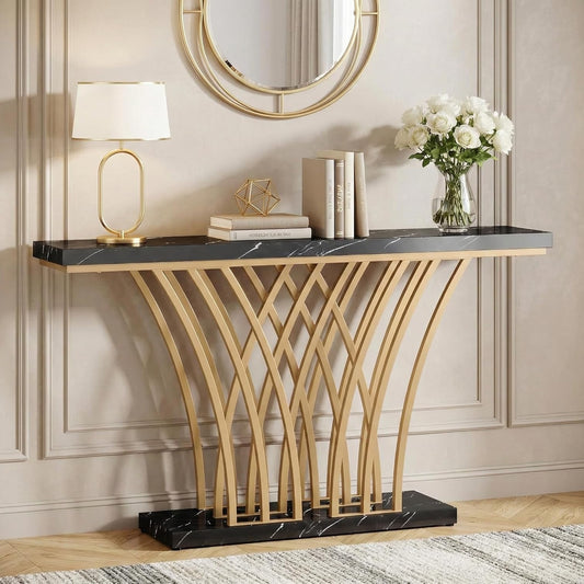 Console Tafel – Sidetable – Haltafel – Bijzettafel – Tv-Meubel – Zwart Kunstmarmer Blad – Goud Metalen Raster Onderstel – 150 cm Breed – Kras- En Waterbestendig - QUORE