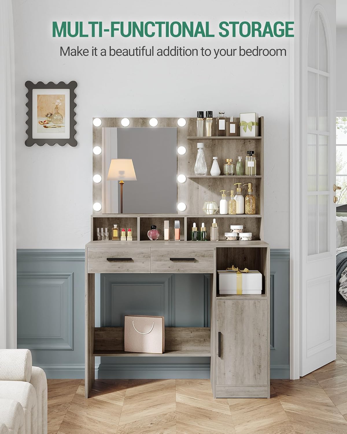 Hzuaneri Dressing Table with Mirror and 10 LED Lamps, Makeup Table with 3 Shelves and 4 Open Compartments, Dressing Table with 2 Drawers and Cabinet, 3 Adjustable Luminosities,GreigeDT32505X