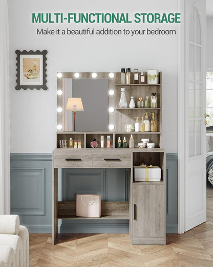 Hzuaneri Dressing Table with Mirror and 10 LED Lamps, Makeup Table with 3 Shelves and 4 Open Compartments, Dressing Table with 2 Drawers and Cabinet, 3 Adjustable Luminosities,GreigeDT32505X