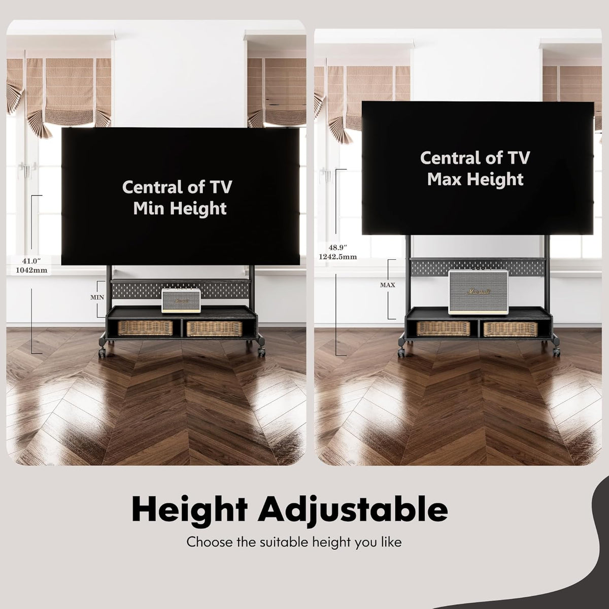 FITUEYES TV-beugel met wielen voor schermen van 70 tot 100 inch, tv-kast op wieltjes, in hoogte verstelbaar, max. VESA 850 x 600 mm tot 80 kg