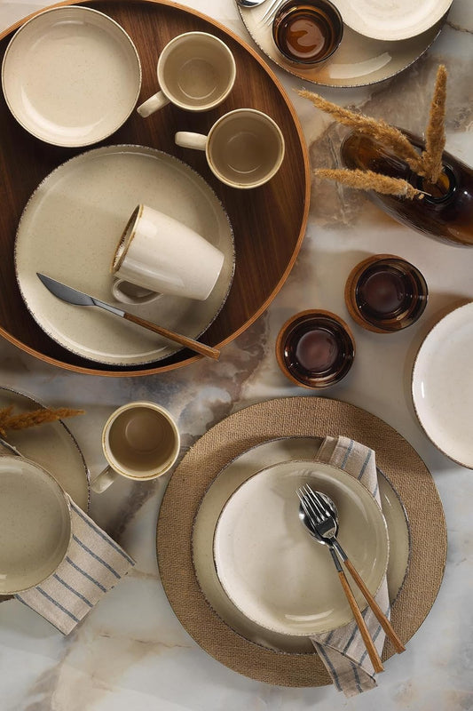 Elegante 16-delige dinerset, 100% porselein, crèmekleur, inclusief 4 borden (24 cm), borden (20 cm), kommen (15 cm), mokken, vaatwasmachinebestendig en magnetronbestendig