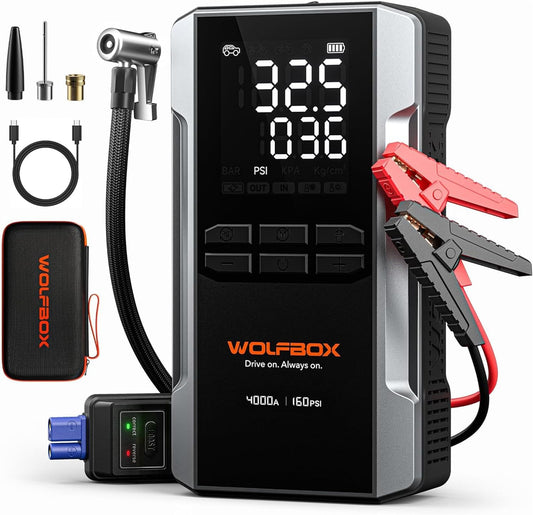 WOLFBOX 4000A Jump Starter met 160PSI luchtcompressor, 12V auto-accubooster, 65W snel opladen, 24000mAh draagbare bandenpomp, LED-display voor 10L gas- en 10L-dieselmotoren, LED-licht, jumperkabels