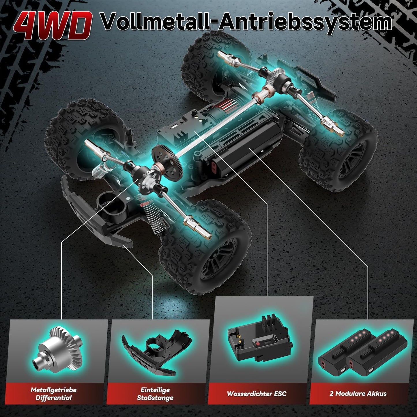 Op Afstand Bestuurde Auto, 1/14 RC Monstertruck Met 7 Kleuren Lichten, 40 km/u, 2,4 GHz, Offroad Met Twee Batterijen, 4WD Waterdichte RTR All Terrain Buggy Voor Kinderen
