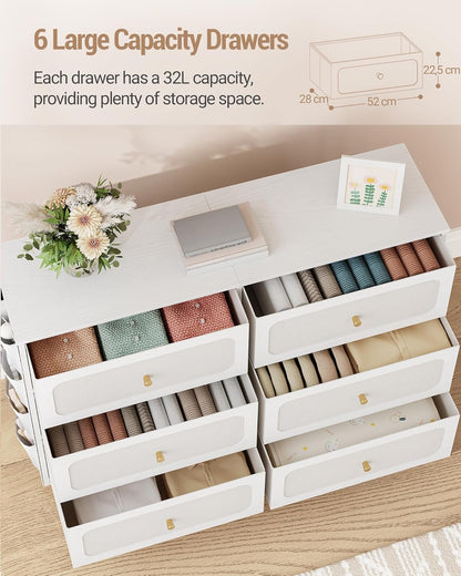 Hzuaneri Chest of Drawers 110 cm, Cabinet with 6 Fabric Drawers, Multifunctional Dresser with Fabric Bag, Metal Frame, 30 x 110 x 85 cm, for Living Room and Bedroom, Modern, White Gold DU25813AW
