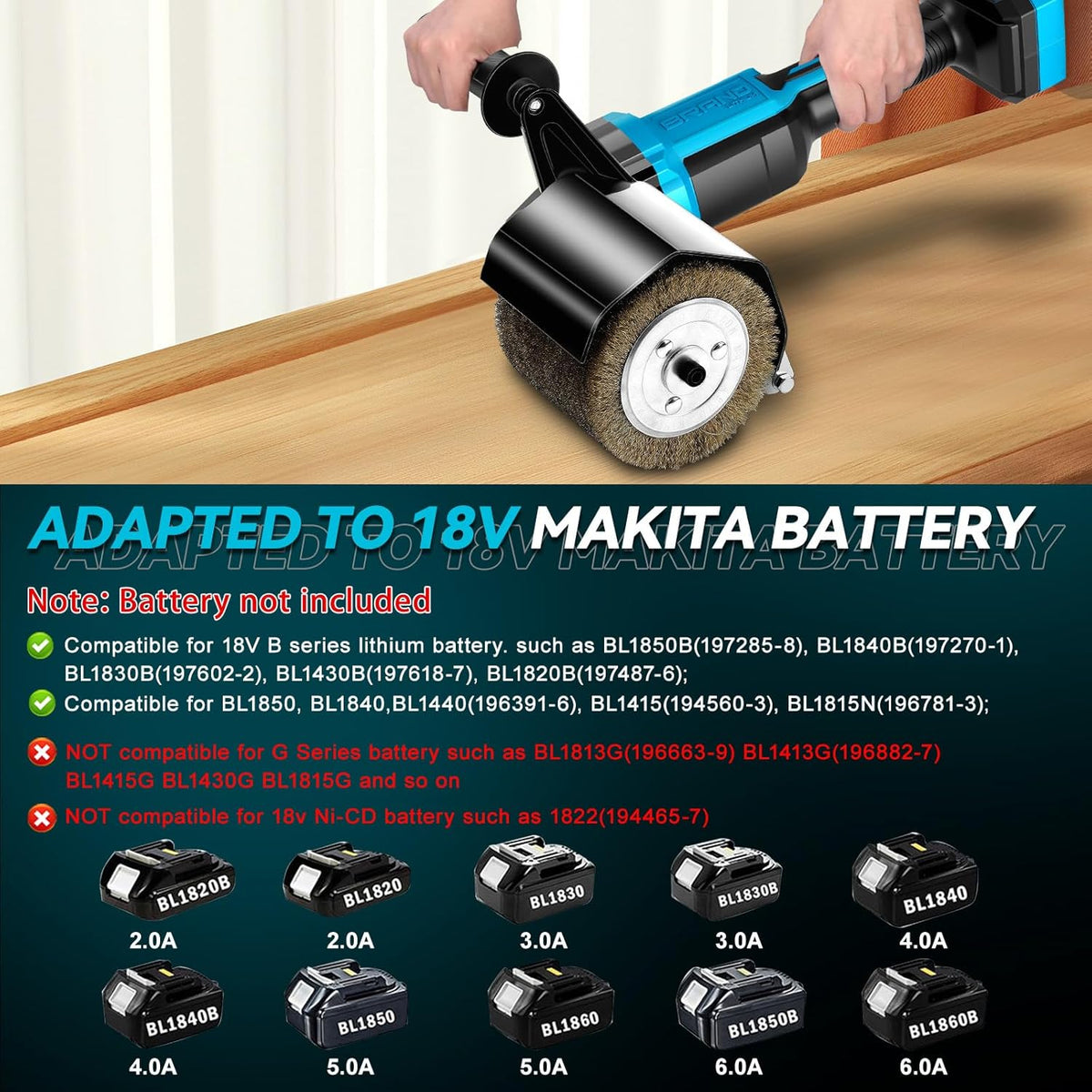 Accu-borstelslijper, compatibel met Makita 18 V, 8000 tpm, borstelloos, 800 W, verbeterde satijnmachine voor buitenrenovaties, 2 waaierborstels en accessoires (zonder accu)