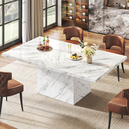 HSH Witte Faux Marmeren Eettafel, 160 cm Moderne Eettafel voor 6 Personen, Boerderij Rechthoek Keuken Tafel voor Woonkamer, Grote Houten Eetkamer Tafel met Sterk Sokkel, Wit Marmer, 160 cm
