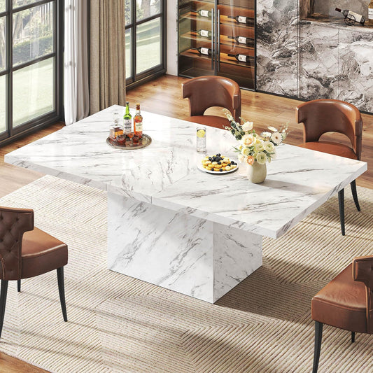 HSH Witte Faux Marmeren Eettafel, 160 cm Moderne Eettafel voor 6 Personen, Boerderij Rechthoek Keuken Tafel voor Woonkamer, Grote Houten Eetkamer Tafel met Sterk Sokkel, Wit Marmer, 160 cm