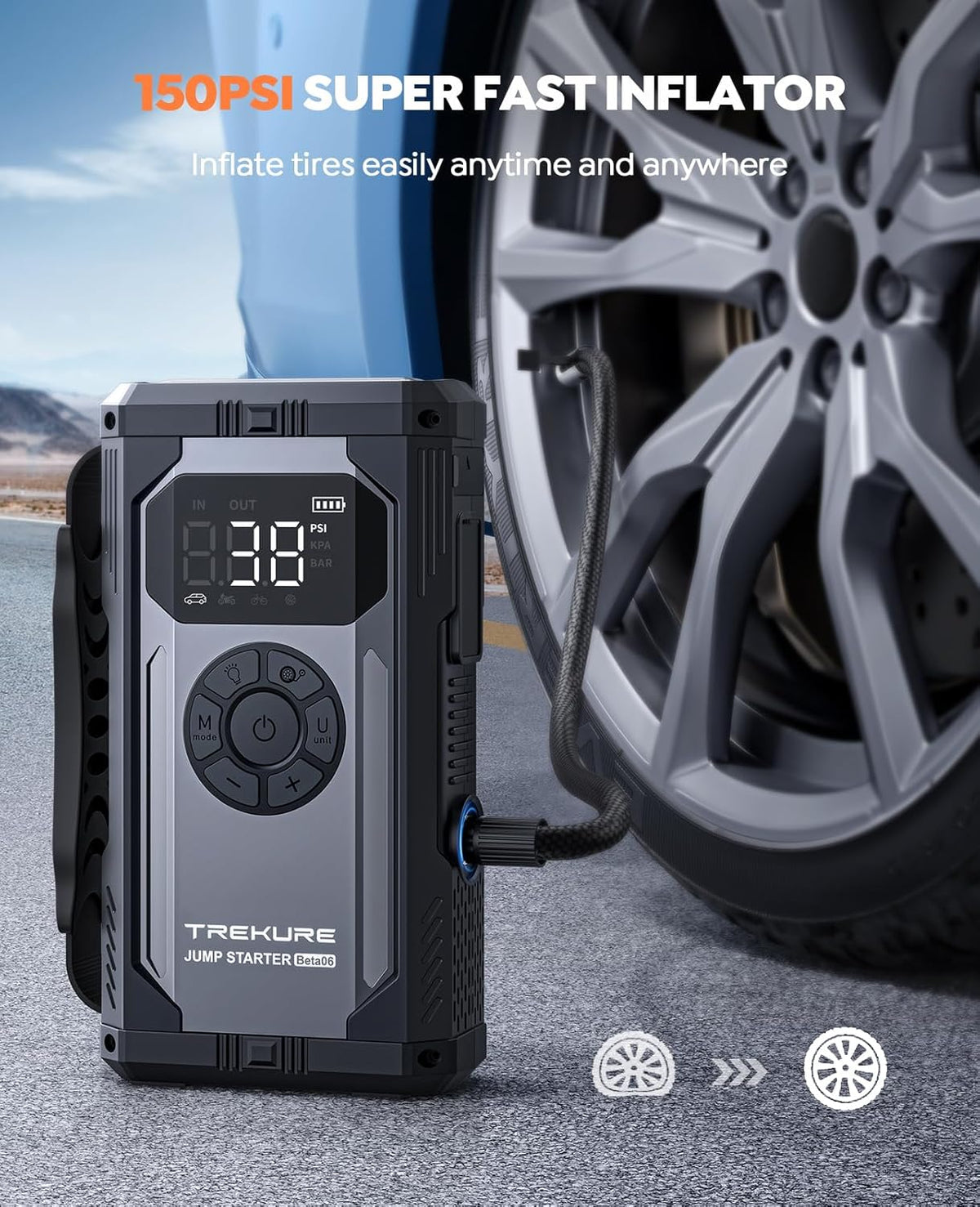 TREKURE 5500A Jump Starter Power Pack met 150PSI Luchtcompressor, 12V Draagbare Auto Accu Booster Jump Starter voor alle Benzine/10L Diesel, Auto Starter Powerbank met Startkabels, Noodverlichting