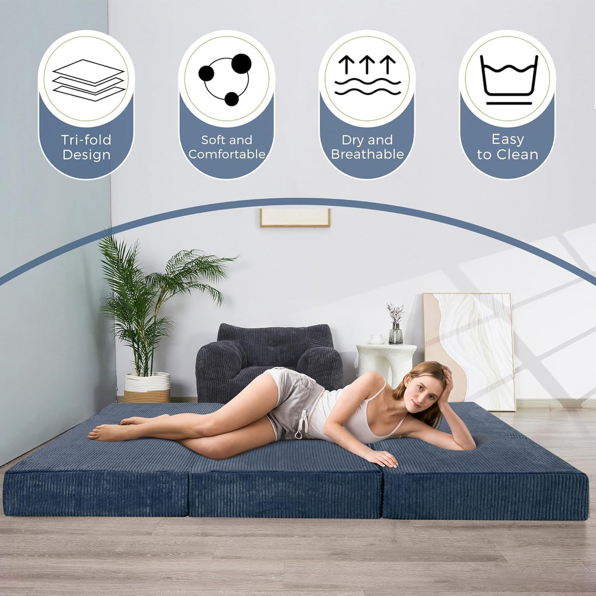 MAXYOYO Vouwmatras van corduroy fluweel, vloermatras in drie diktes, 10 cm, met wasbare overtrek, drievoudig opvouwbaar, ruimtebesparend voor gasten (Bluestone, King)