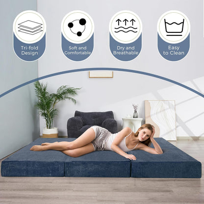 MAXYOYO Opvouwbare ribfluwelen matras, drievoudig vouwbare vloermatras 10 cm dik met wasbare hoes, opvouwbaar in drieën, ruimtebesparend voor gasten (Bluestone, tweepersoons)