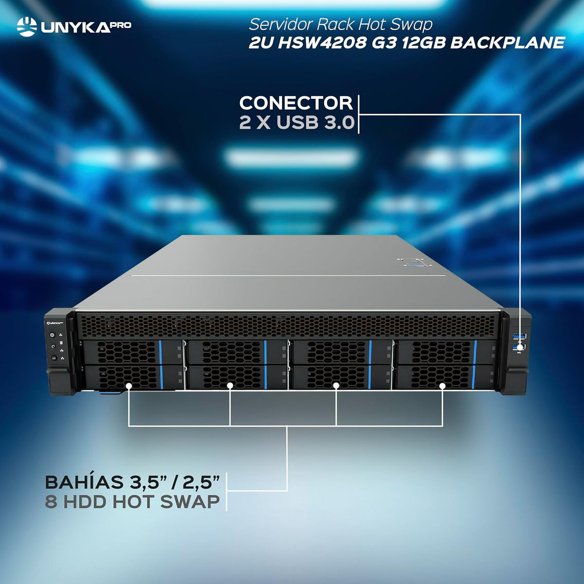 Unykach HSW4208 G3 Hot Swap 2U ATX 12 sleuven voor 3,5 inch of 2,5 inch drive bays voor 12 GB backplane server rack 4 ventilatoren en 2 USB 3.0