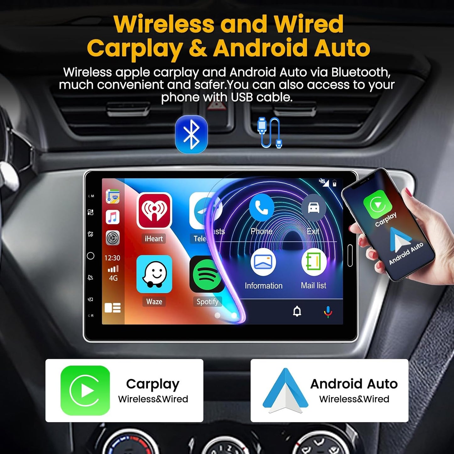 Hikity 1 Din Autoradio met 10,1 inch IPS draaibaar touchscreen, Bluetooth 5.2 Wireless Carplay Andriod Auto FM AM RDS radio met USB AUX IN TF Card EQ SWC autoradio achteruitrijcamera Mirror Link DVR