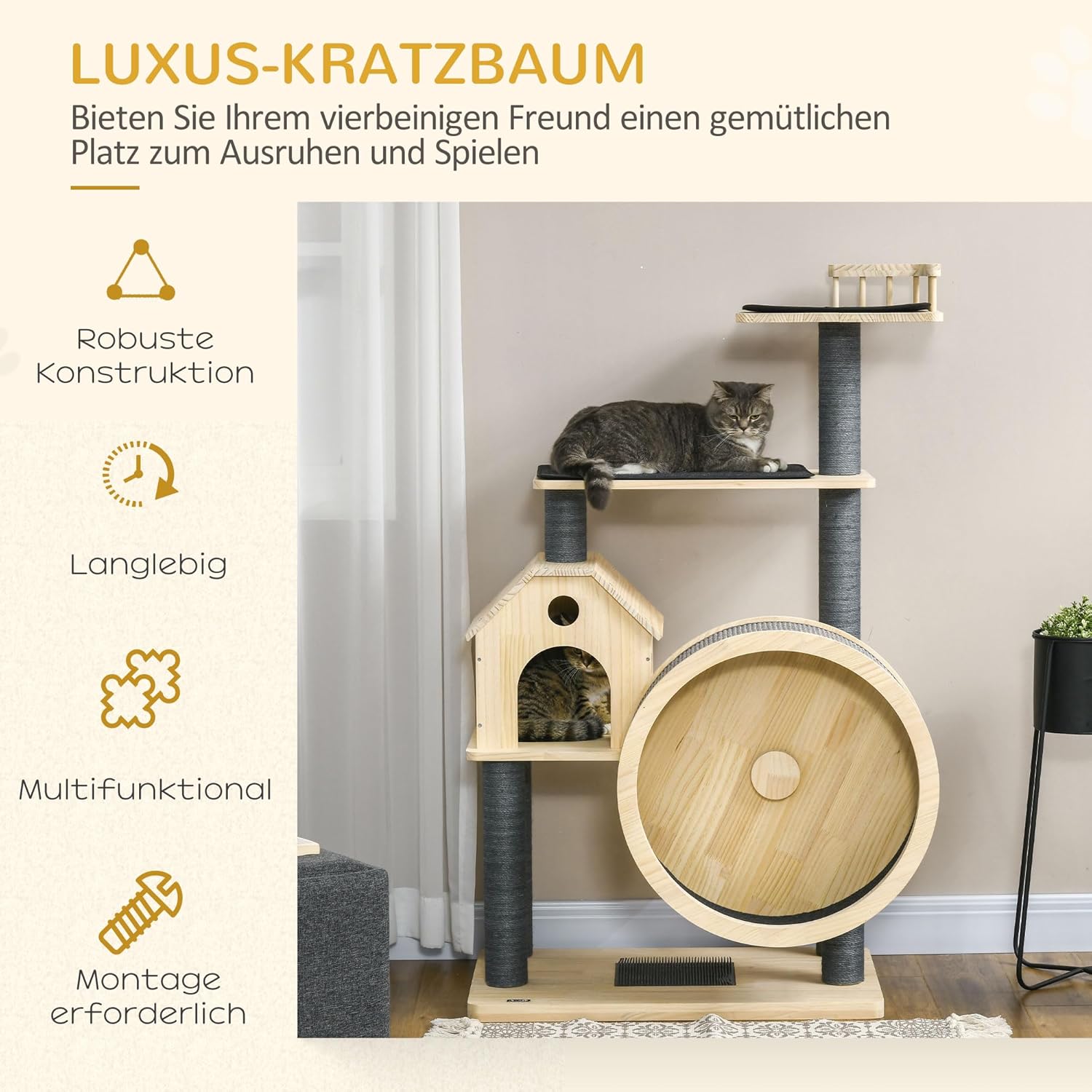 PawHut cat tree with running wheel, 4 storey scratching tree, cat house with sisal posts, cat cave, solid wood, 80 x 40 x 148 cm - QUORE