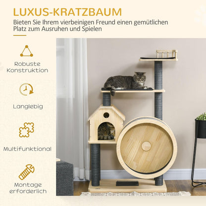 PawHut cat tree with running wheel, 4 storey scratching tree, cat house with sisal posts, cat cave, solid wood, 80 x 40 x 148 cm - QUORE