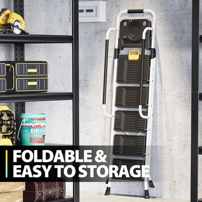 KINGRACK Ladder 5-staps met 150kg Capaciteit, Opvouwbaar Trapladder Vouwladder met Veilige Vergrendeling Gereedschapsbak Brede Antislip Pedalen Leuningen, Huishoudladder voor Thuis Kantoor Kasten, Wit