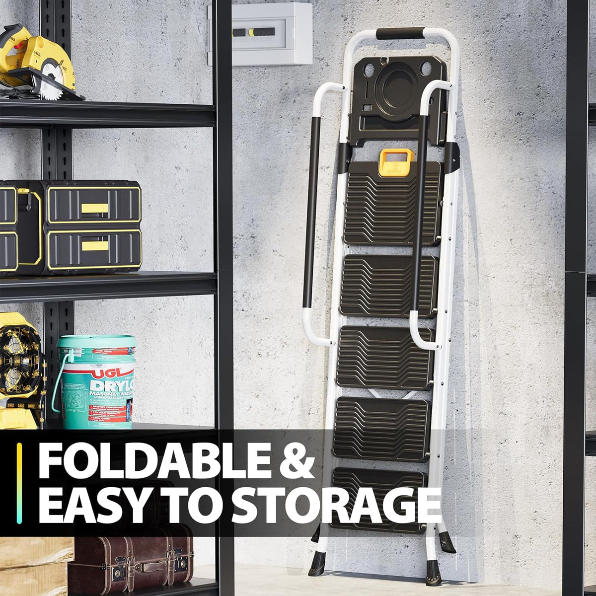 KINGRACK Ladder 5-staps met 150kg Capaciteit, Opvouwbaar Trapladder Vouwladder met Veilige Vergrendeling Gereedschapsbak Brede Antislip Pedalen Leuningen, Huishoudladder voor Thuis Kantoor Kasten, Wit