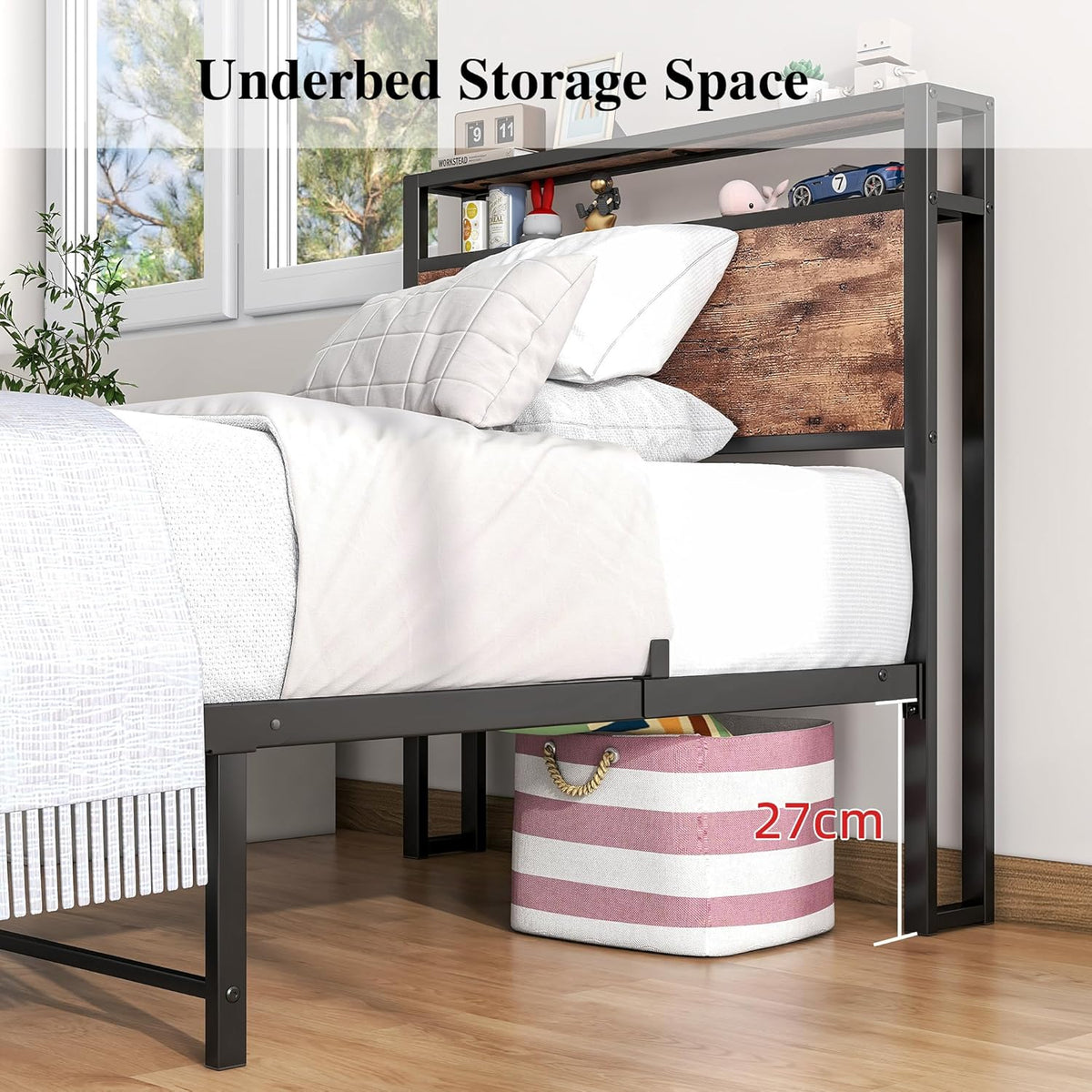 HOJINLINERO Bedframe met lattenbodem, eenpersoonsbed van metaal, 90 x 200 cm, bed met houten opbergruimte, hoofdeinde, logeerbed, tienerbed, dagbed, bedframe, zwart
