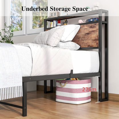 HOJINLINERO Bedframe met lattenbodem, eenpersoonsbed van metaal, 90 x 200 cm, bed met houten opbergruimte, hoofdeinde, logeerbed, tienerbed, dagbed, bedframe, zwart