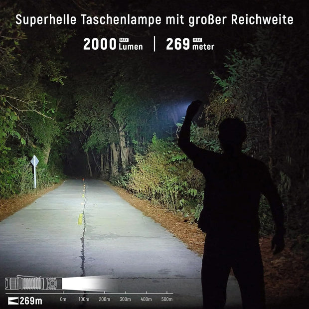Zaklamp - Tactische Zaklamp - LED-buitenlamp - Krachtige - Oplaadbare - Draagbare - met Extreem Heldere - Batterij - voor Zoeken - Wandelen - Noodsituatie - USB - C - 2000Lm - 269m Lichtpad - 10V - ‎IP68 - Zwart