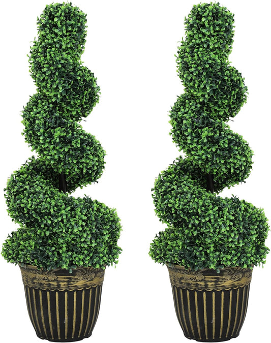 Kunstbuxusboom – Kunstplant – Nepplant – Kunstboom – Buxusplant – Onderhoudsarm – 90 cm Hoog – Spiraalvormige Kunstbuxusbomen Set van 2 – Realistisch Uitziend – Stevige Cementpotten
