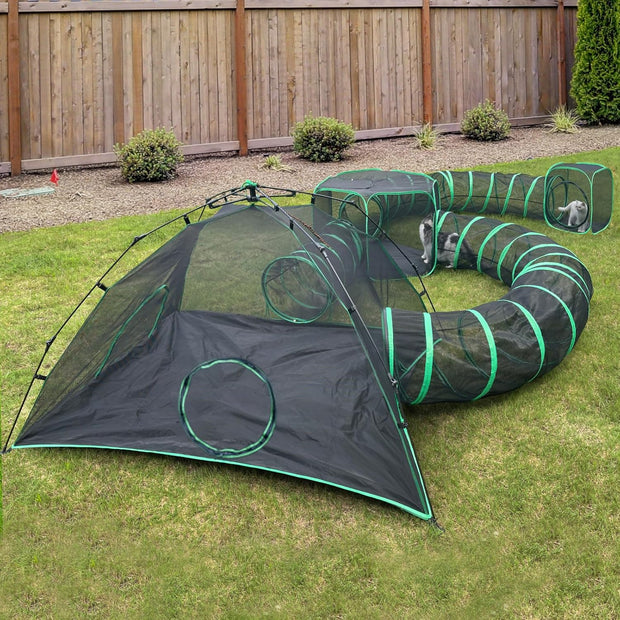 6-in-1 Kattentent - Kattenverblijf - Kattententen - Opvouwbaar - Draagbare Catiotent - met 1 Koepeltent - 3 Tunnelen - 3 Tenten - Buitenkattenbox - voor Katten - Konijnen - Andere Dieren - Polyester - Zwart/Groen