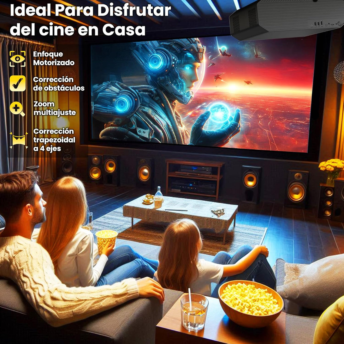 Unicview K5000 beamer, 1800 ANSI lumen, thuisbioscoop en presentatie, Android, gemotoriseerde focus, keystone 4D, digitale zoom, HDMI, USB-A, USB-C