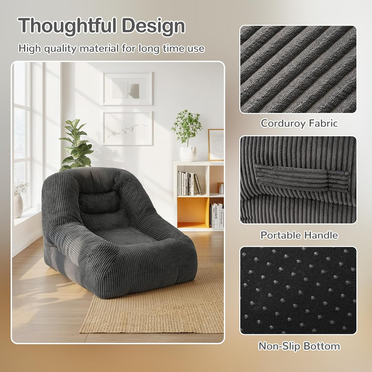 Pamapic Zitzak, grote eenpersoonszitzak met vulling, ergonomische ligstoel, corduroy luie bank, zitzak voor volwassenen, loungestoel voor woonkamer, slaapkamer, speelkamer, grijs, 93 x 85 x 70 cm