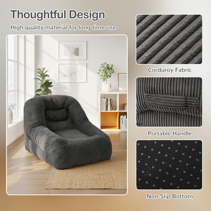 Pamapic Zitzak, grote eenpersoonszitzak met vulling, ergonomische ligstoel, corduroy luie bank, zitzak voor volwassenen, loungestoel voor woonkamer, slaapkamer, speelkamer, grijs, 93 x 85 x 70 cm