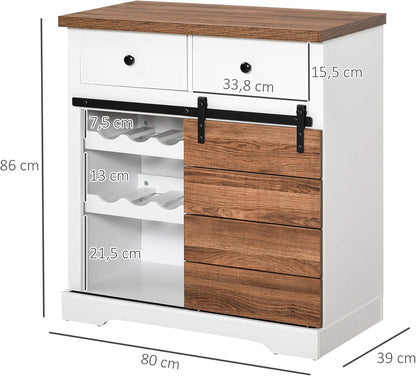 HOMCOM kitchen cabinet sideboard with 2 drawers wine racks sliding door sideboard adjustable shelves storage cabinet rustic white 80 x 39 x 86cm - QUORE