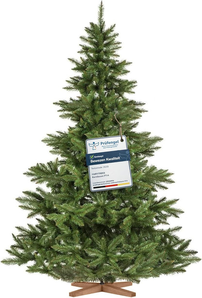 FairyTrees Kunstkerstboom – Nordmann, 220 cm, Realistische PVC-naalden, Handgemaakte essenhouten standaard, Made in EU.