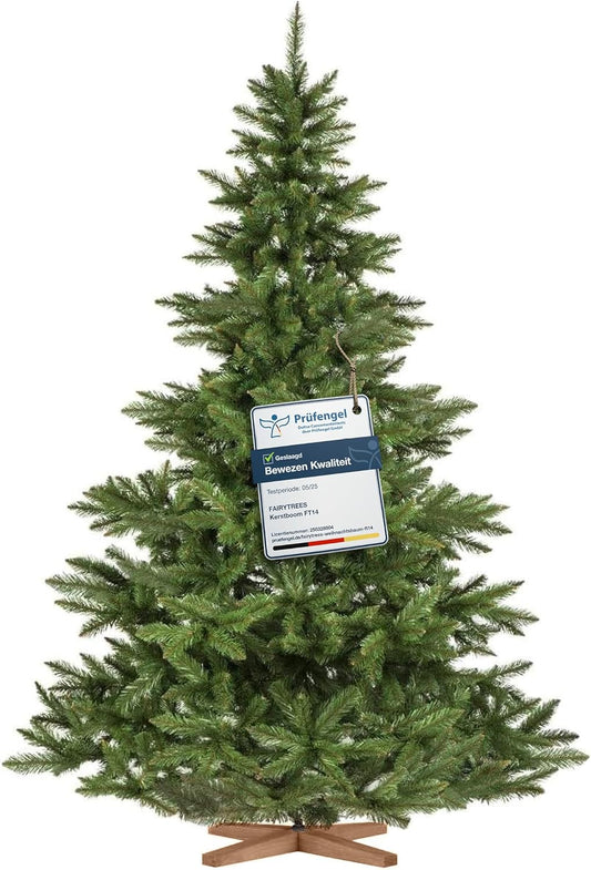 FairyTrees Kunstkerstboom – Nordmann, 220 cm, Realistische PVC-naalden, Handgemaakte essenhouten standaard, Made in EU.