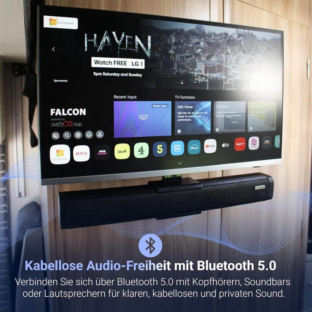 Falcon 24 inch TV WebOS SMART TV Wifi Camping – 12V/24V, geïntegreerde dvd-speler, Bluetooth 5.0, USB, streaming, Freeview, Netflix, Prime Video, pitch perfecte televisie voor camper, camper IPTV