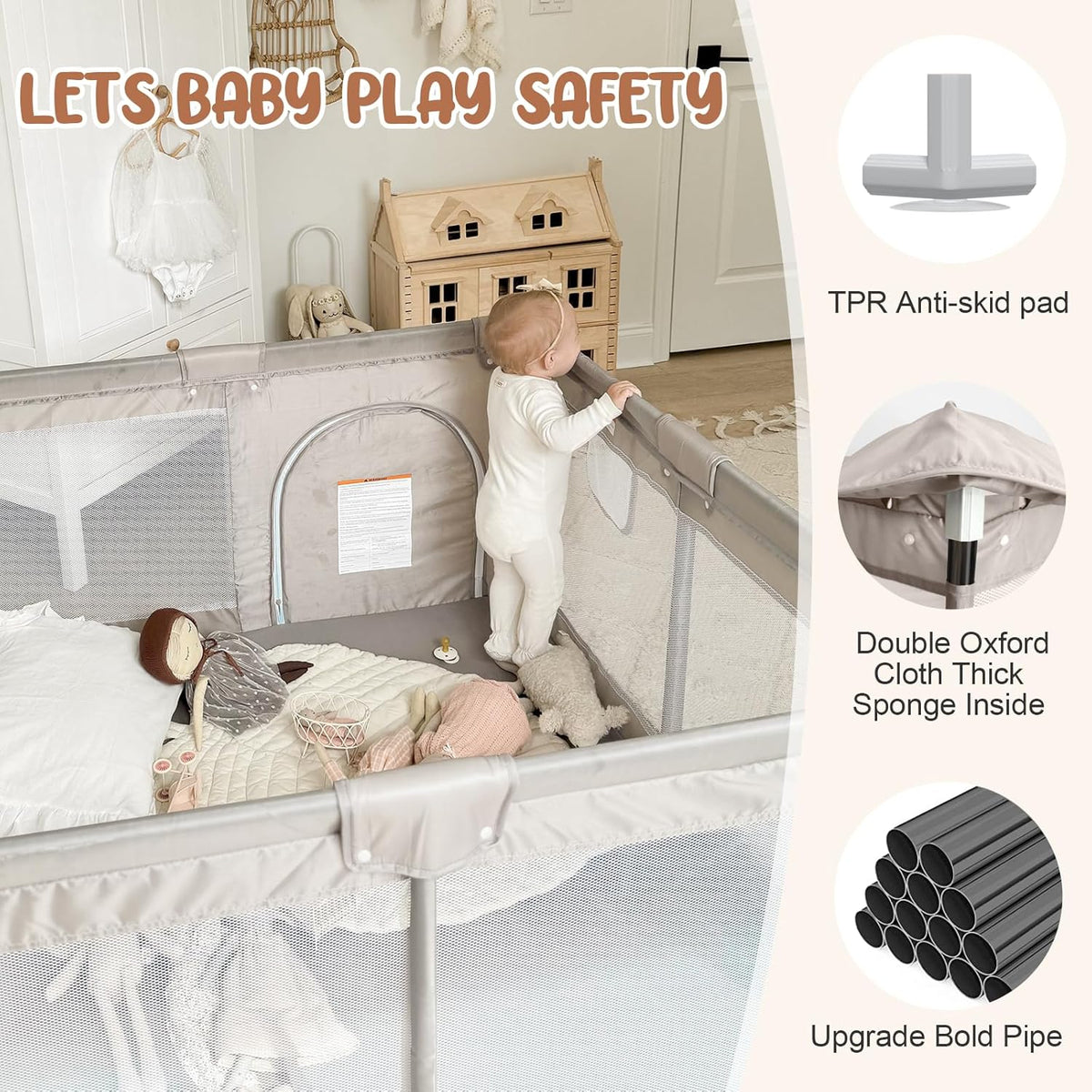 ZEEBABA Baby Playpen with Mat, 119.5 x 119.4 cm Playpen for Babies and Toddlers, Small Baby Play Pens, Baby Playground with 47 Inch Playground, Gate - QUORE