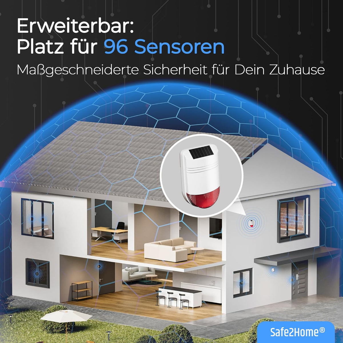 Safe2Home Draadloze alarminstallatieset met sabotagebeveiliging, draadloos smart home-alarmsysteem met app-bediening, wit
