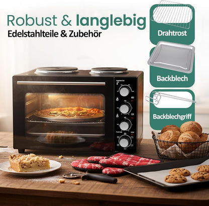 EMERIO MO-125236.4 Oven met 32 liter + 2 kookplaten | hete lucht + boven-/onderwarmte | timer + temperatuurregelaar | incl. bakplaat & grillrooster | compacte tafeloven voor pizza, broodjes
