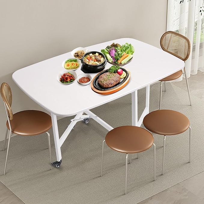 Folding Dining Table, Collapsible Stainless Steel Work Table, Kitchen Table, Drawer Table, Solid Multifunction, Foldable, Removable with 6 Universal Wheels, Load Capacity 100 kg, for - QUORE