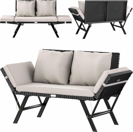 Casaria Polyrattan Garden Bench with Reclining Function Cushion Adjustable Armrests Weatherproof Garden Terrace Balcony Black - QUORE
