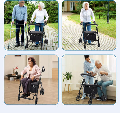 Vouwbaar en lichtgewicht rollator met zitting, winkelmandje, lichte wandelwagen voor senioren met in hoogte verstelbaar, stevige wielen, ideaal voor wandelen, winkelen en dagelijkse mobiliteit