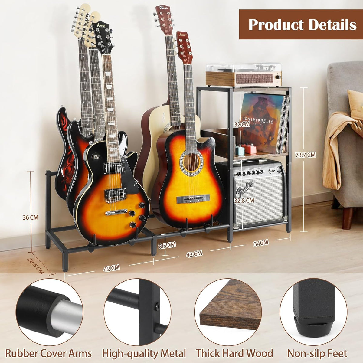 Gitaar Standaard 5-Tier voor Elektrische Gitaar Akoestische , Bas, Gitaarrek Houder Floor Verstelbaar voor Meerdere gitaren, Gitaarversterker Accessoires, Gitaardisplay voor Muziekkamer
