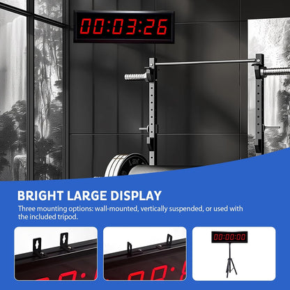 Countdown-timer, 1,8 inch gymtimer met statief, 6 cijfers, omhoogtelfunctie, afstandsbediening, stopwatch, sport, 12/24-uurs led, digitale klok, geschikt voor fitness, sport, wedstrijden (4,5