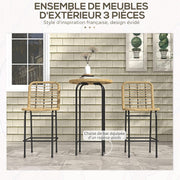 Outsunny Tuinbarset, tuinmeubelen, bistroset, 3-delig, 1 ronde hoge tafel, boho-design + 2 ronde krukken met metalen voetsteun, voor 2 personen, natuurlijk, zwart