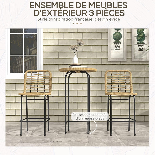 Outsunny Tuinbarset, tuinmeubelen, bistroset, 3-delig, 1 ronde hoge tafel, boho-design + 2 ronde krukken met metalen voetsteun, voor 2 personen, natuurlijk, zwart