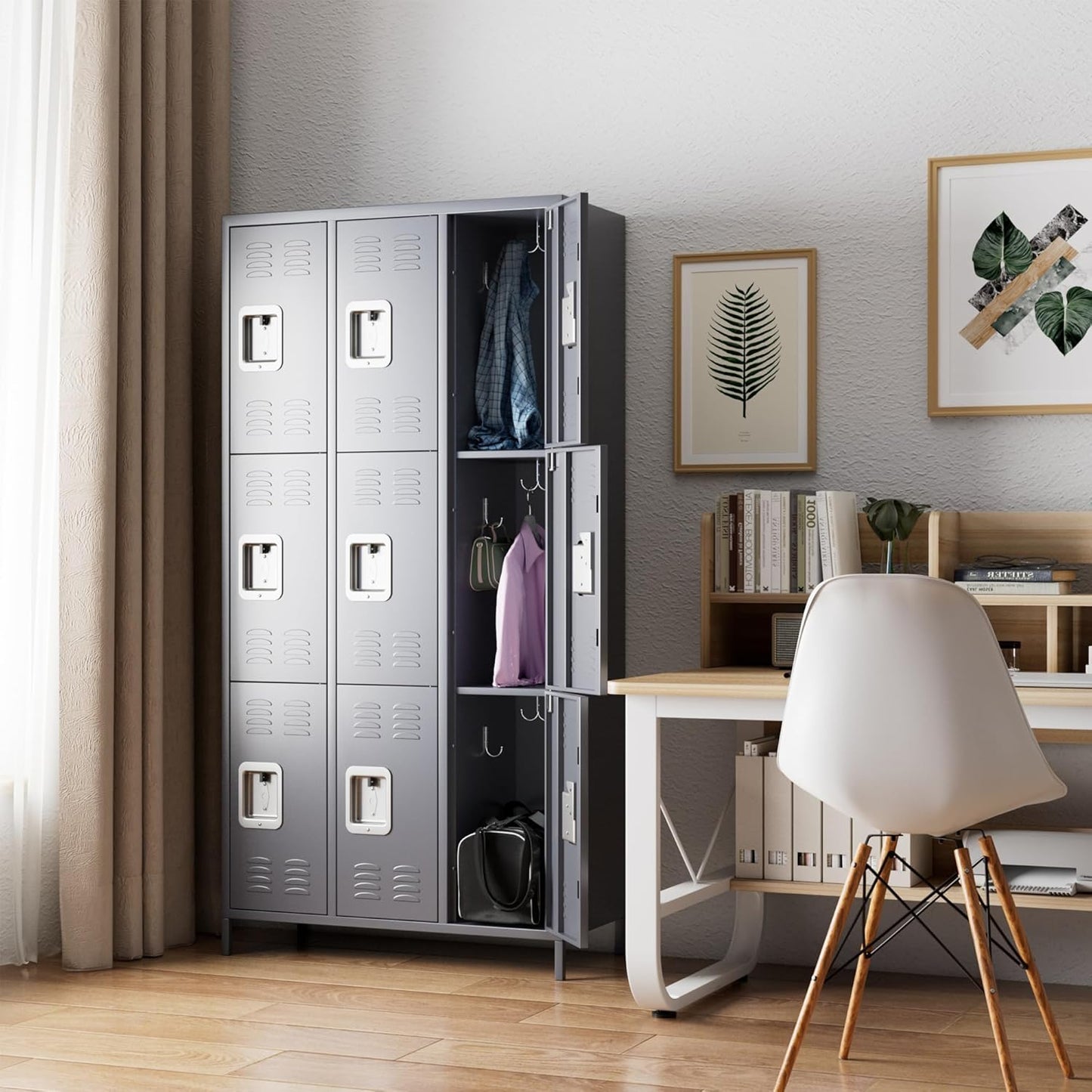 9-Compartment Metal Locker, Metal Wardrobe with Ventilation Slots for Workers, Sports Hall, School, Office (Dark Grey) - QUORE
