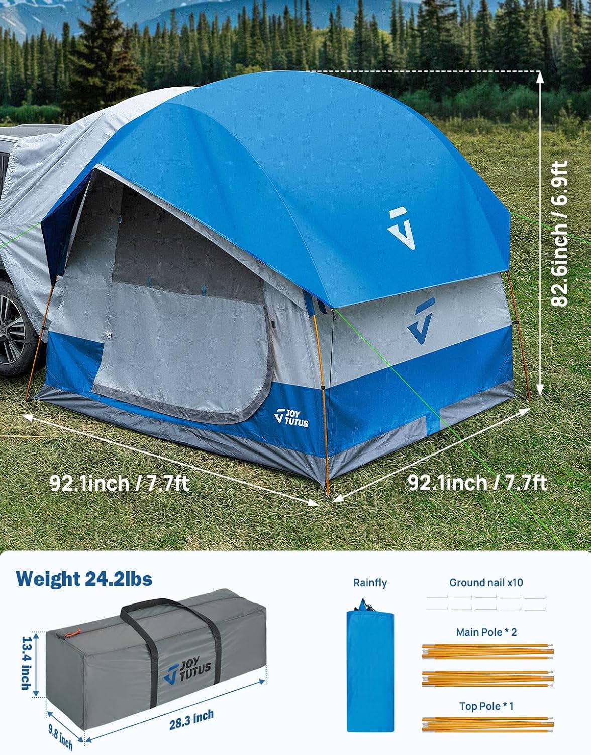 JOYTUTUS SUV-tent voor camping, 4-6 personen, 234 x 234 x 210 cm (l x h), waterdicht PU 2000 mm, dubbellaags, ontwerp met dubbele deur, outdoor, camping, reizen, blauw