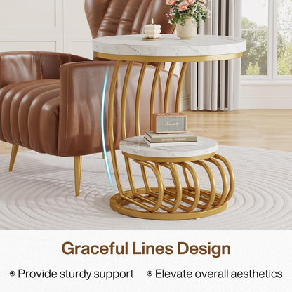 Tribesigns Golden Round Side Table: 2-stage side table in set of 2 with storage compartment, modern bedside table in white gold, accent table made of metallic imitation marble for the living room (1 pc.)
